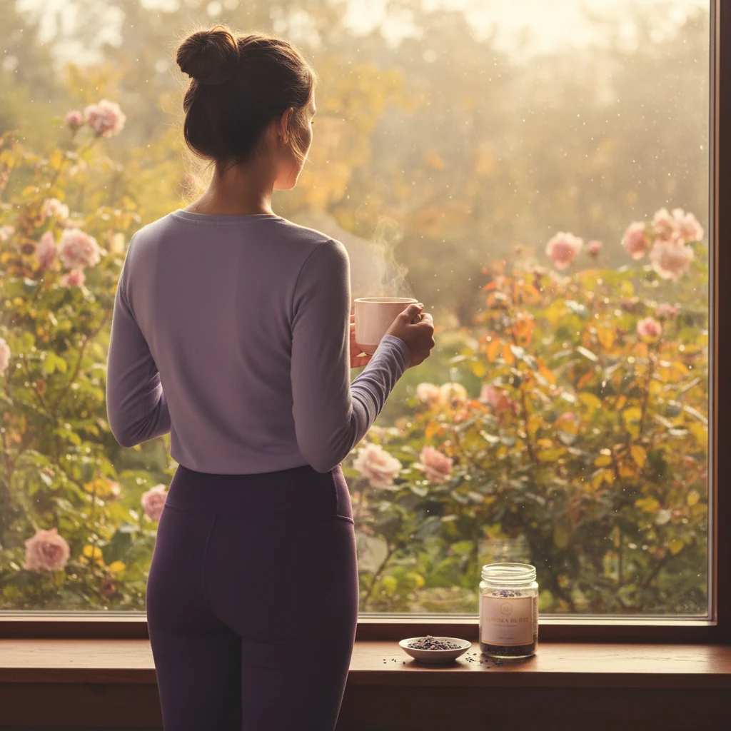 Anonymous figure holding a warm mug by a sunny window - food supplement for active lifestyle morning routine