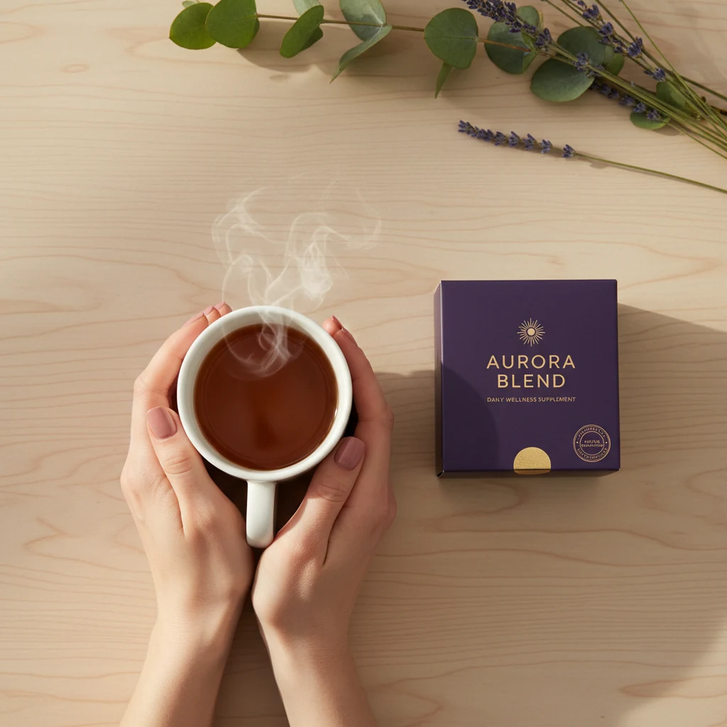 Hands holding a white ceramic mug beside supplement box and fresh botanicals - daily wellness supplement sachets